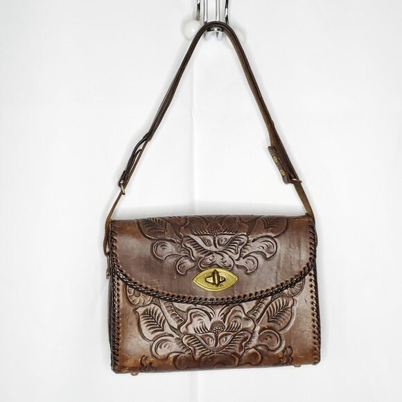 Vintage Leather Tooled Saddle Bag Purse Brown Floral Western Cowgirl Jo-O-Kay - Picture 2 of 16